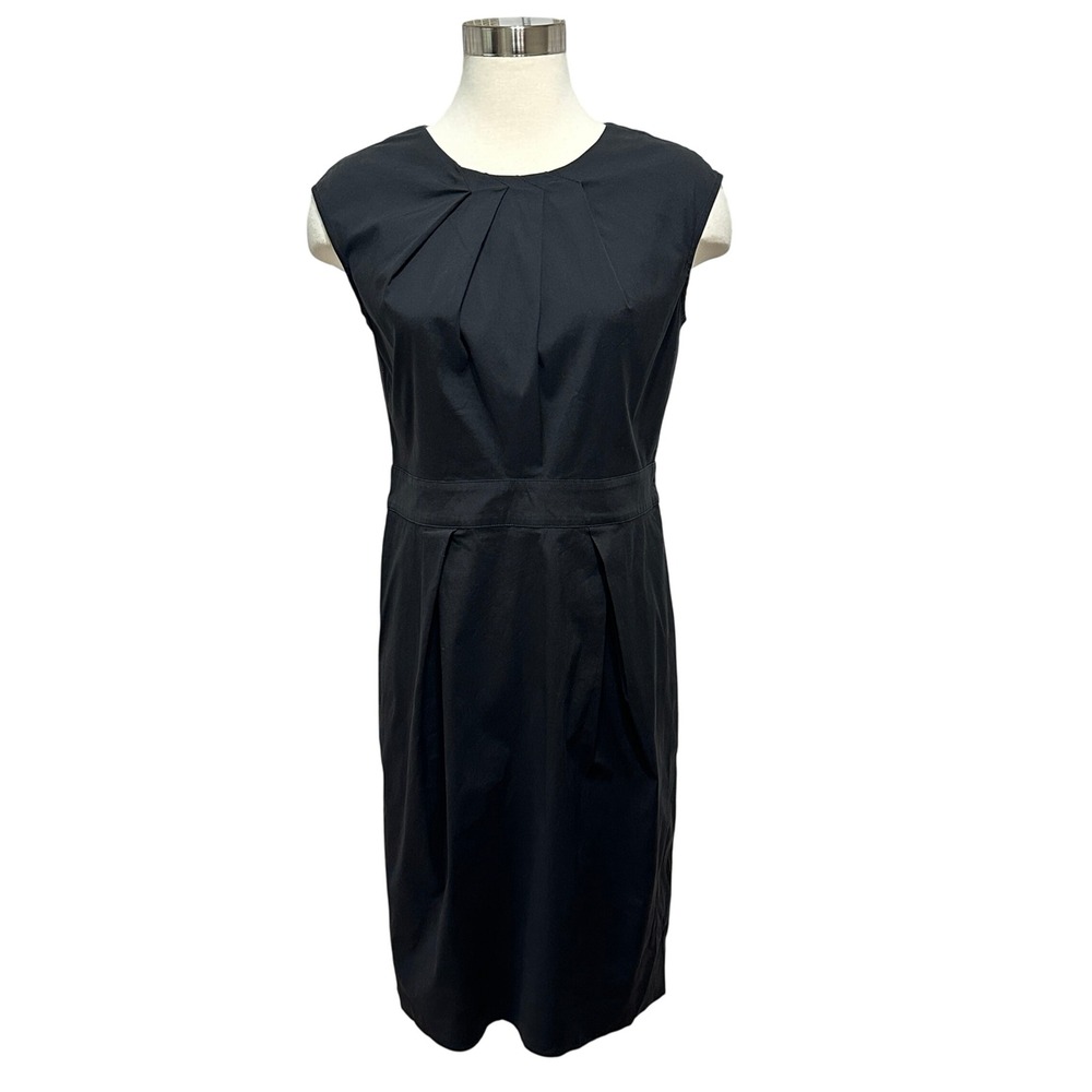 Lafayette 148 Poplin Sheath Dress Womens 4 Black Pleated Office Classic‎ Stretch